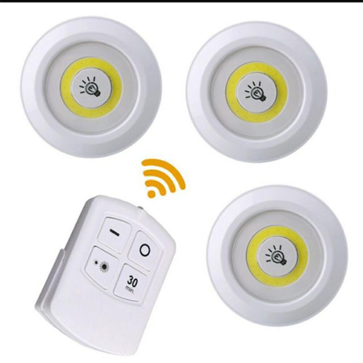 Pack of 3 LED Remote Control Lights – Tap Lights with Self Adhesive for Cabinet, Wardrobe & Kitchen ~ Cell Operated